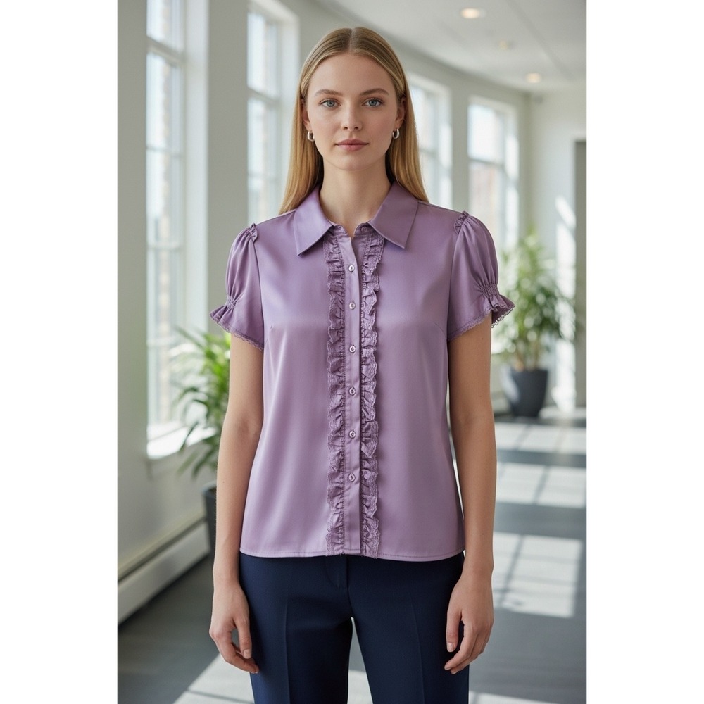 Bob Mackie Studio Purple Satin Ruffle Lace Trim Blouse Short Sleeve Size 10 NEW